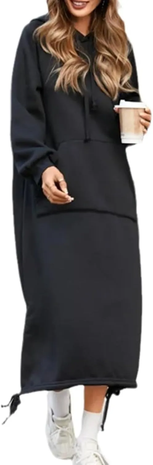 Hoodie Dress for Women Long Casual Drawstring Side Slits Dress Long Sleeve Fleece Hooded Sweatshirt Maxi Dress