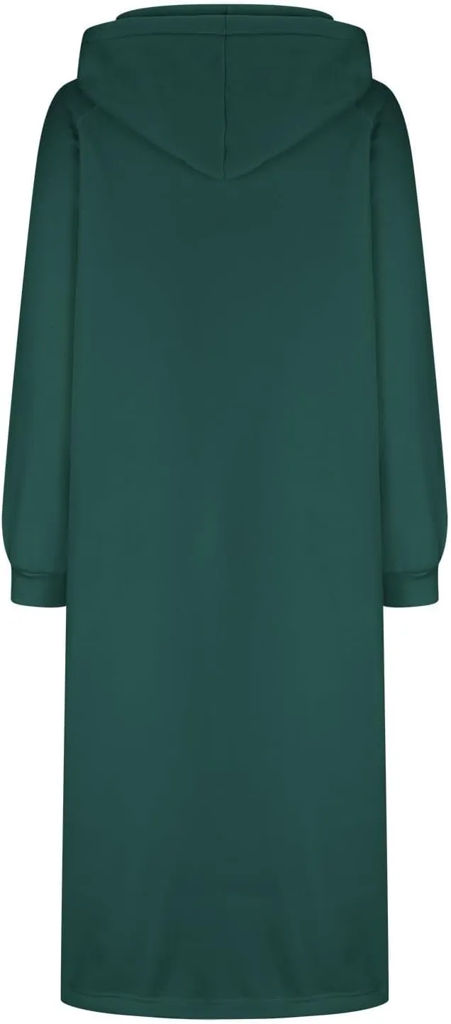 Hoodie Dress for Women Long Casual Drawstring Side Slits Dress Long Sleeve Fleece Hooded Sweatshirt Maxi Dress