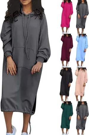 Hoodie Dress for Women Long Casual Drawstring Side Slits Dress Long Sleeve Fleece Hooded Sweatshirt Maxi Dress