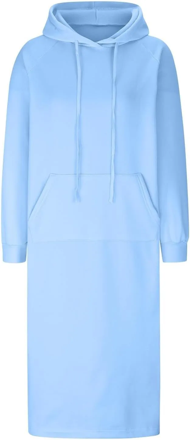 Hoodie Dress for Women Long Casual Drawstring Side Slits Dress Long Sleeve Fleece Hooded Sweatshirt Maxi Dress