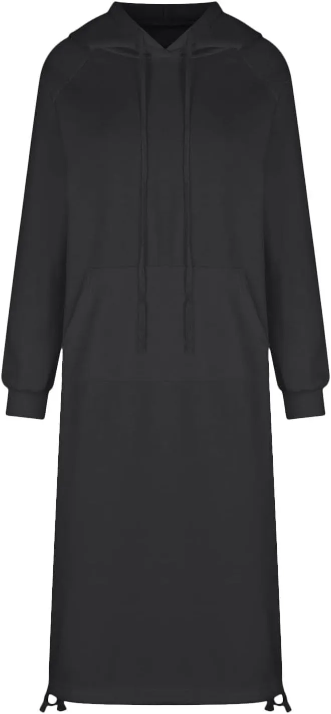 Hoodie Dress for Women Long Casual Drawstring Side Slits Dress Long Sleeve Fleece Hooded Sweatshirt Maxi Dress