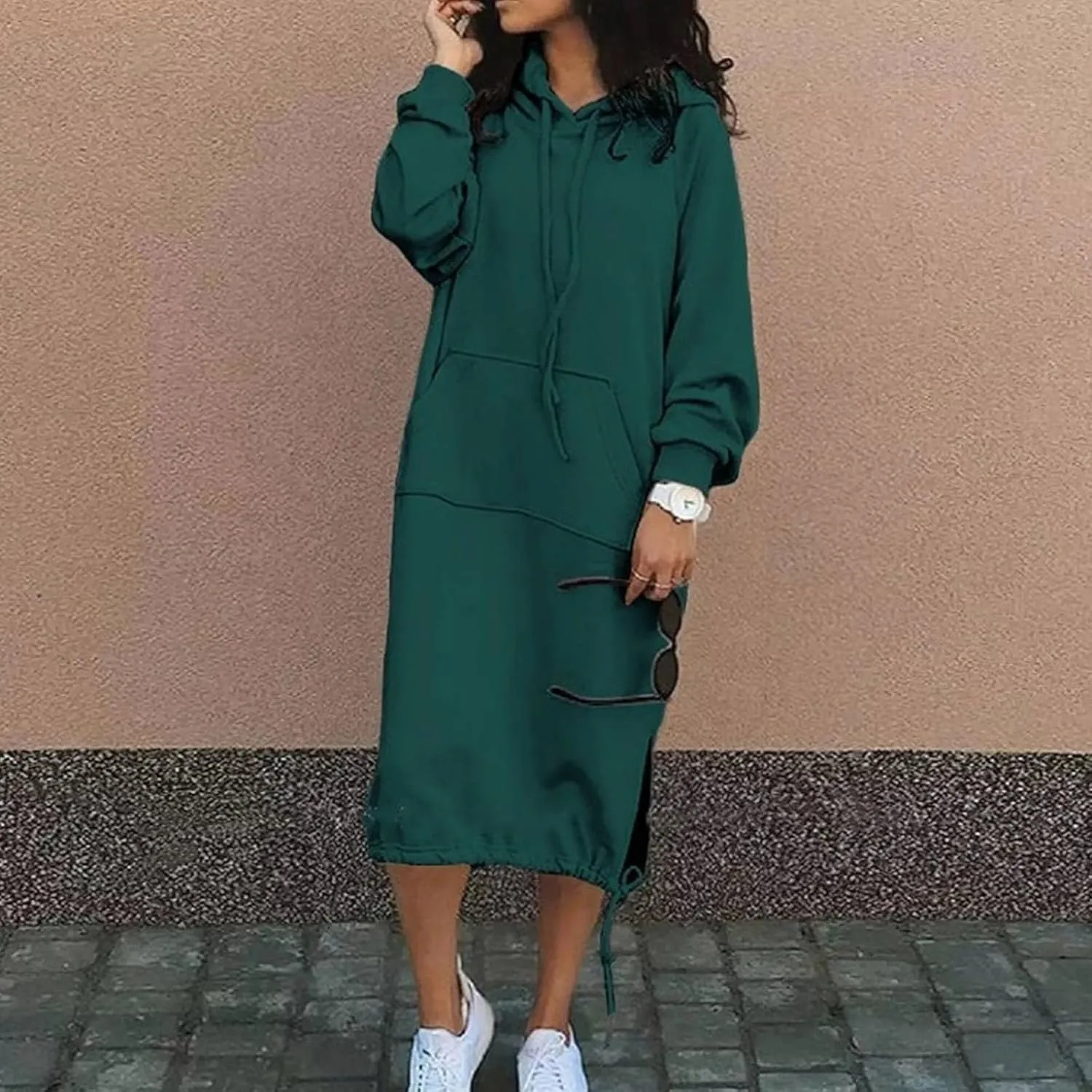 Hoodie Dress for Women Long Casual Drawstring Side Slits Dress Long Sleeve Fleece Hooded Sweatshirt Maxi Dress