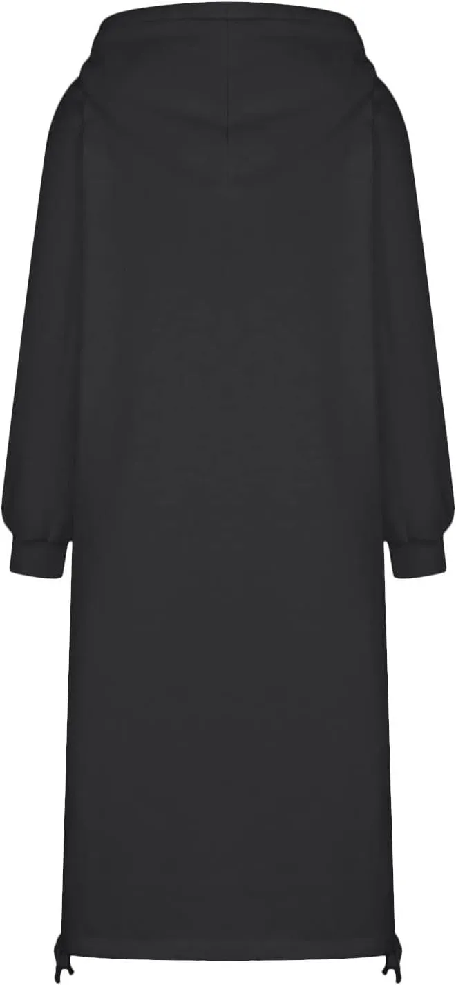 Hoodie Dress for Women Long Casual Drawstring Side Slits Dress Long Sleeve Fleece Hooded Sweatshirt Maxi Dress