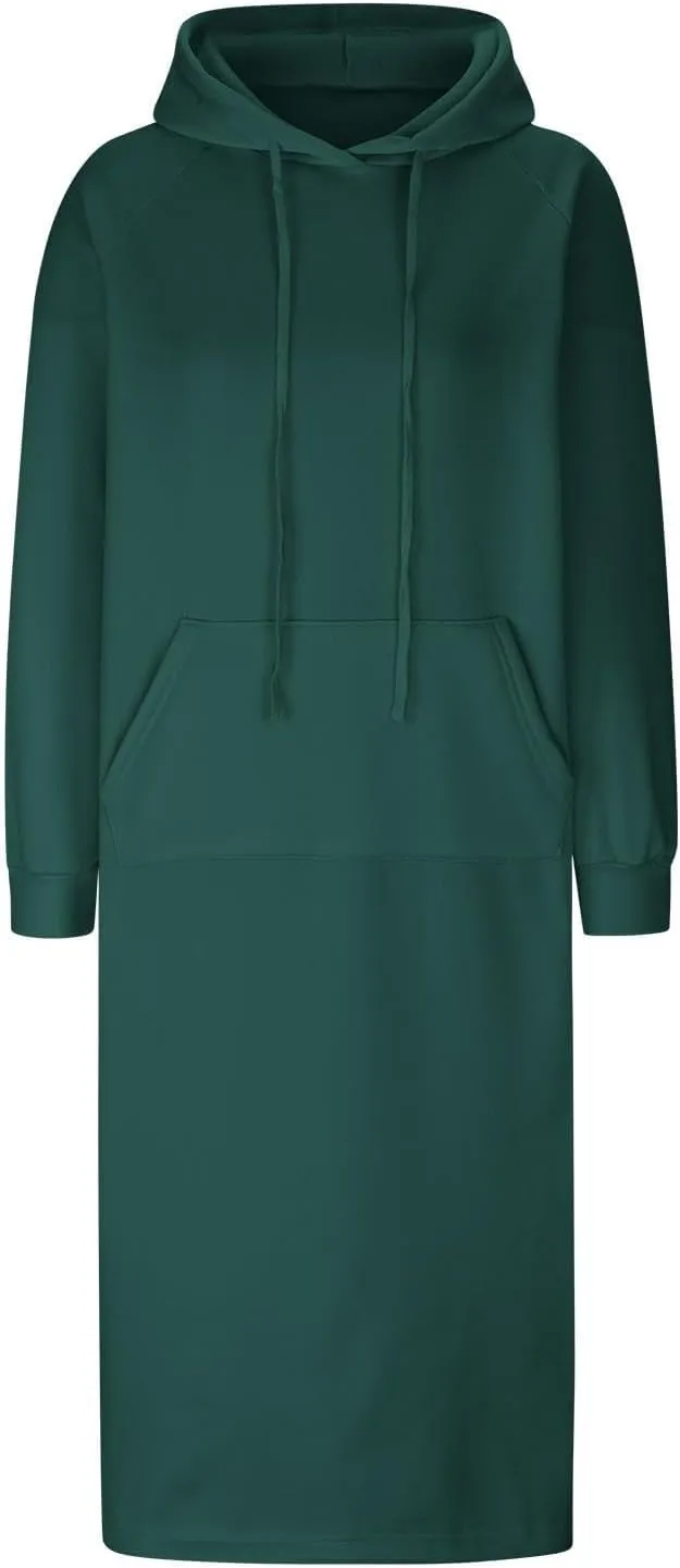 Hoodie Dress for Women Long Casual Drawstring Side Slits Dress Long Sleeve Fleece Hooded Sweatshirt Maxi Dress