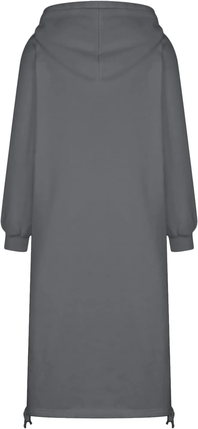 Hoodie Dress for Women Long Casual Drawstring Side Slits Dress Long Sleeve Fleece Hooded Sweatshirt Maxi Dress