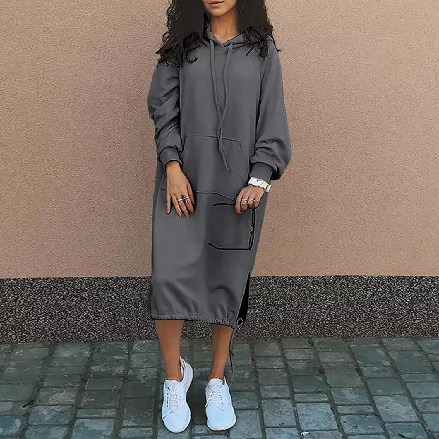 Hoodie Dress for Women Long Casual Drawstring Side Slits Dress Long Sleeve Fleece Hooded Sweatshirt Maxi Dress
