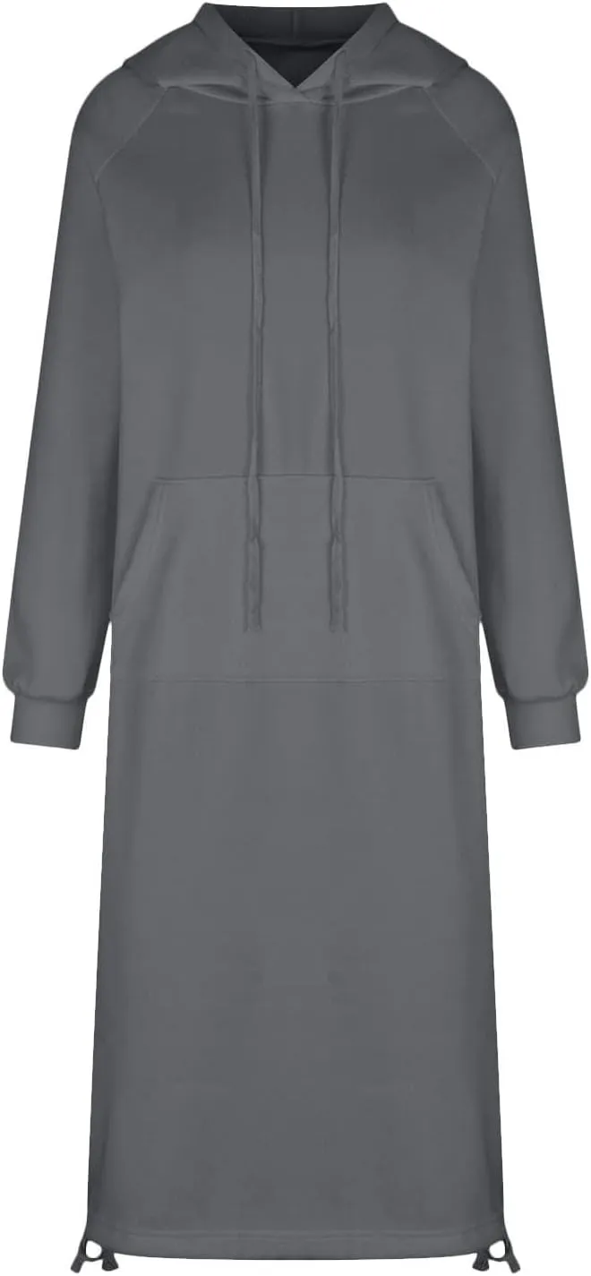 Hoodie Dress for Women Long Casual Drawstring Side Slits Dress Long Sleeve Fleece Hooded Sweatshirt Maxi Dress