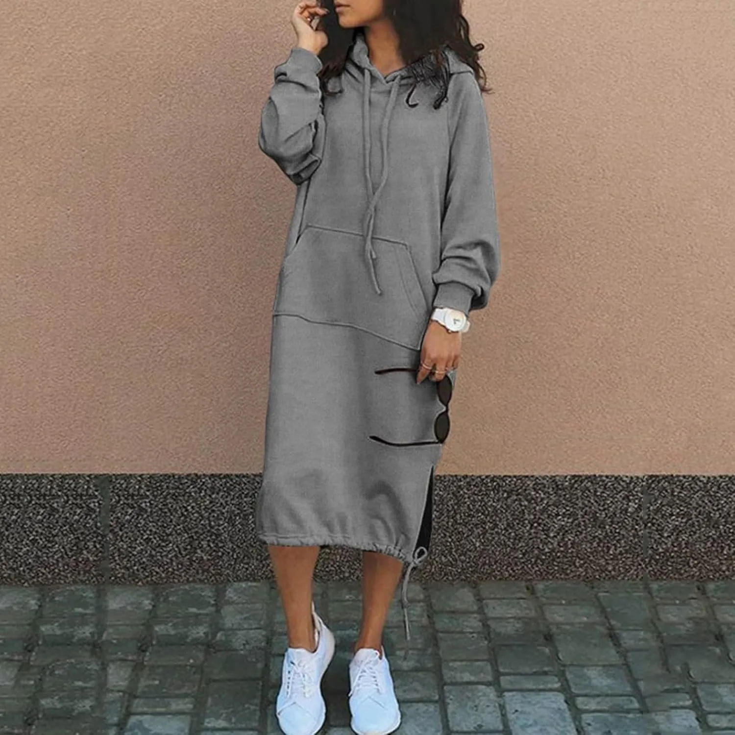 Hoodie Dress for Women Long Casual Drawstring Side Slits Dress Long Sleeve Fleece Hooded Sweatshirt Maxi Dress