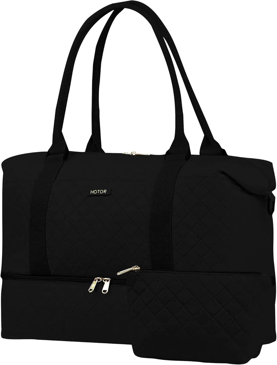 HOTOR Travel Duffel Bag - Weekender Bags for Women, Carry On Bag with Shoe Compartment, Overnight Bag with Toiletry Bag for Travel Essentials and Travel Accessories, Black, 12.9"16.8"7.8"