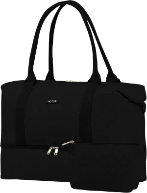 HOTOR Travel Duffel Bag - Weekender Bags for Women, Carry On Bag with Shoe Compartment, Overnight Bag with Toiletry Bag for Travel Essentials and Travel Accessories, Black, 13.0"16.9"7.8"