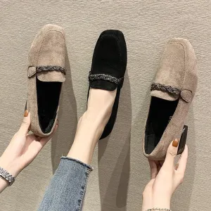 hulianfu Autumn Winter Women Loafers Low Heels Boat Shoes Square Toe Dress Shoes Chain Faux Suede Plush Warm Ladies Shoes Plus Size