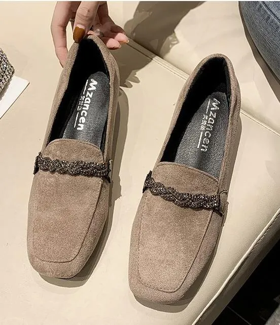 hulianfu Autumn Winter Women Loafers Low Heels Boat Shoes Square Toe Dress Shoes Chain Faux Suede Plush Warm Ladies Shoes Plus Size