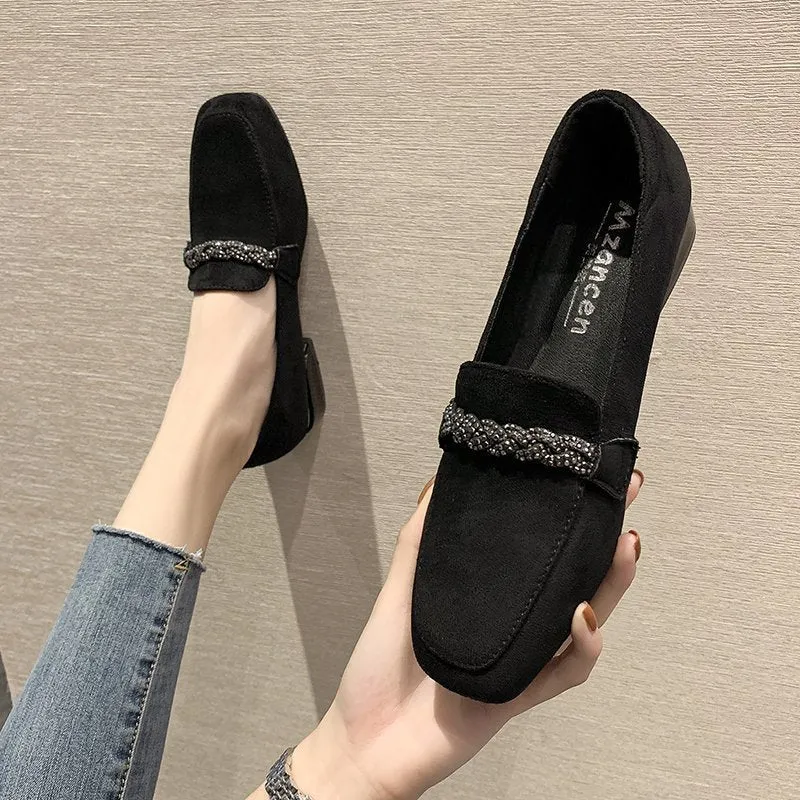 hulianfu Autumn Winter Women Loafers Low Heels Boat Shoes Square Toe Dress Shoes Chain Faux Suede Plush Warm Ladies Shoes Plus Size