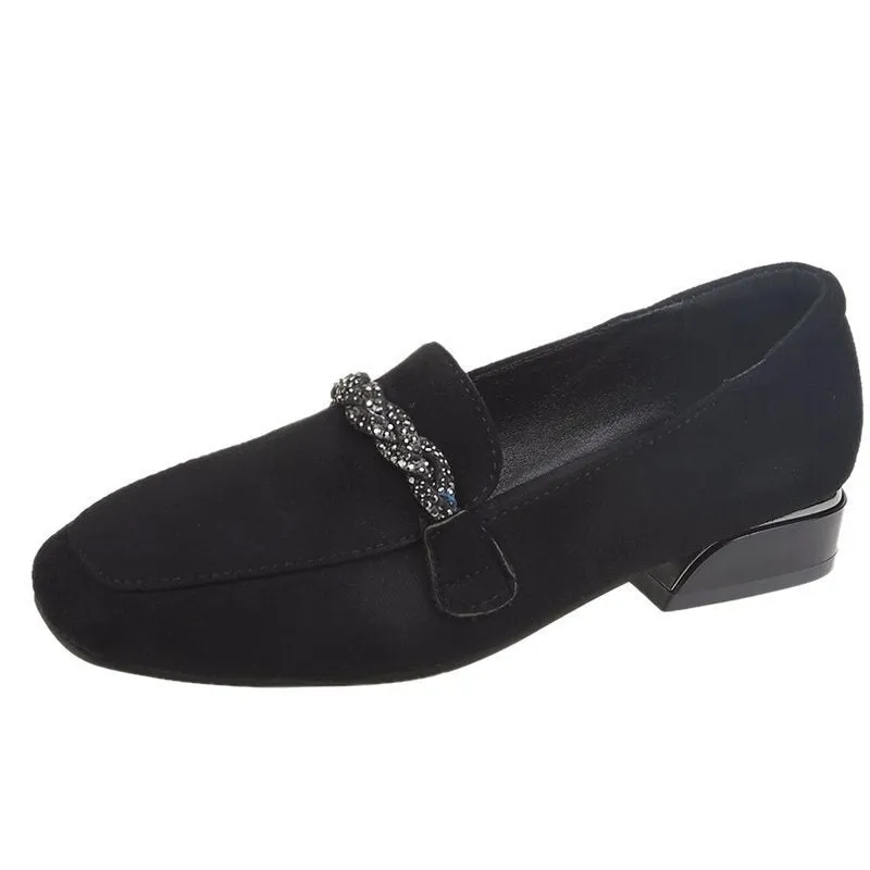 hulianfu Autumn Winter Women Loafers Low Heels Boat Shoes Square Toe Dress Shoes Chain Faux Suede Plush Warm Ladies Shoes Plus Size