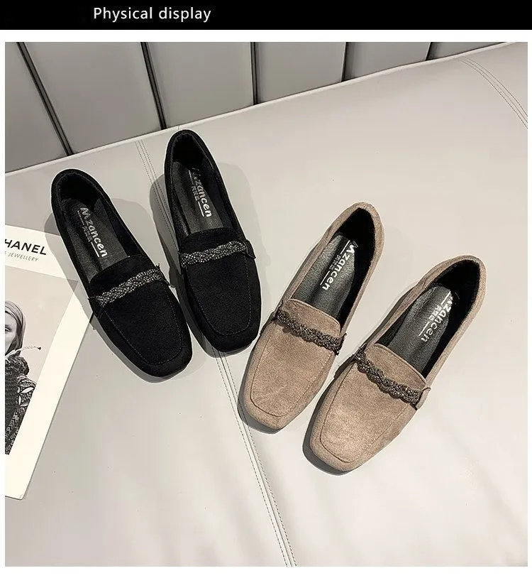 hulianfu Autumn Winter Women Loafers Low Heels Boat Shoes Square Toe Dress Shoes Chain Faux Suede Plush Warm Ladies Shoes Plus Size