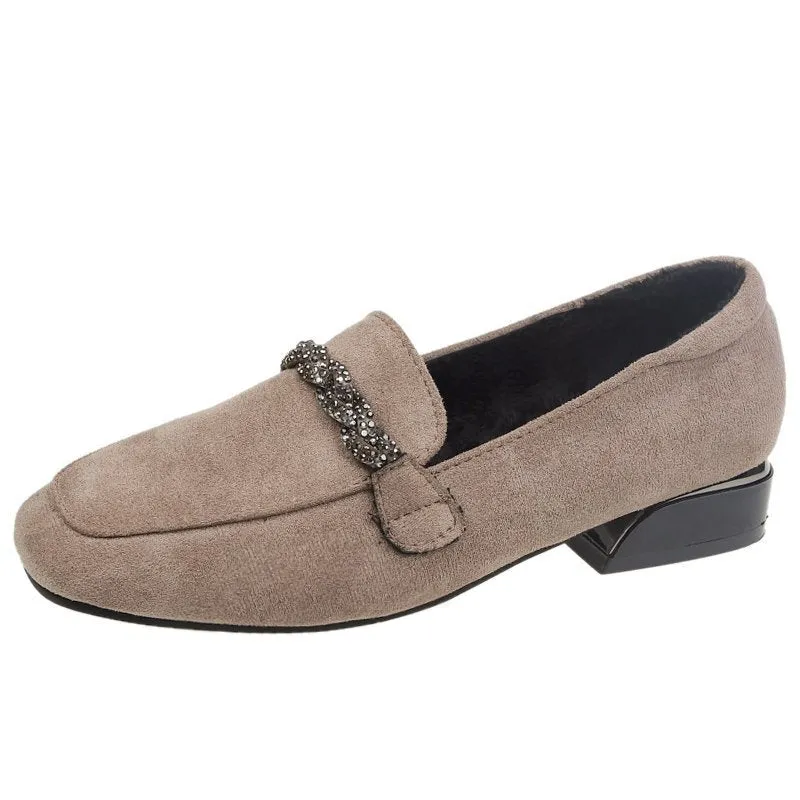 hulianfu Autumn Winter Women Loafers Low Heels Boat Shoes Square Toe Dress Shoes Chain Faux Suede Plush Warm Ladies Shoes Plus Size