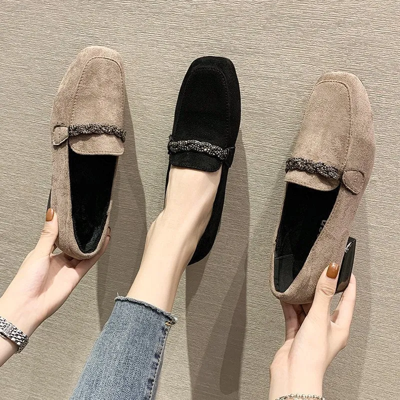 hulianfu Autumn Winter Women Loafers Low Heels Boat Shoes Square Toe Dress Shoes Chain Faux Suede Plush Warm Ladies Shoes Plus Size