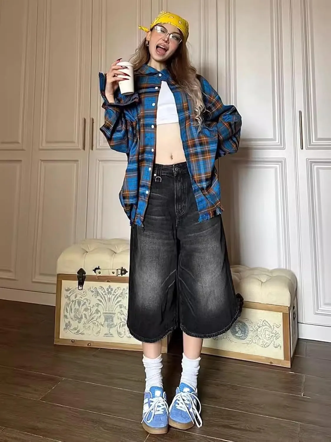 Jorts Women's & Men's Black Denim Shorts Jean Shorts Y2k Style Long Jorts Wide Leg Baggy with Pockets