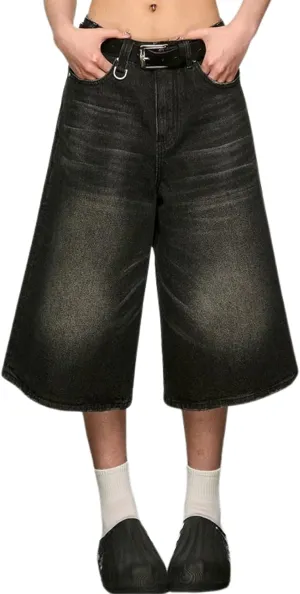 Jorts Women's & Men's Black Denim Shorts Jean Shorts Y2k Style Long Jorts Wide Leg Baggy with Pockets