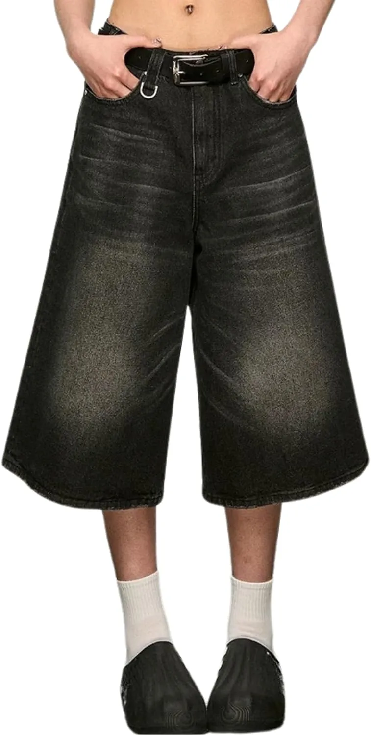 Jorts Women's & Men's Black Denim Shorts Jean Shorts Y2k Style Long Jorts Wide Leg Baggy with Pockets