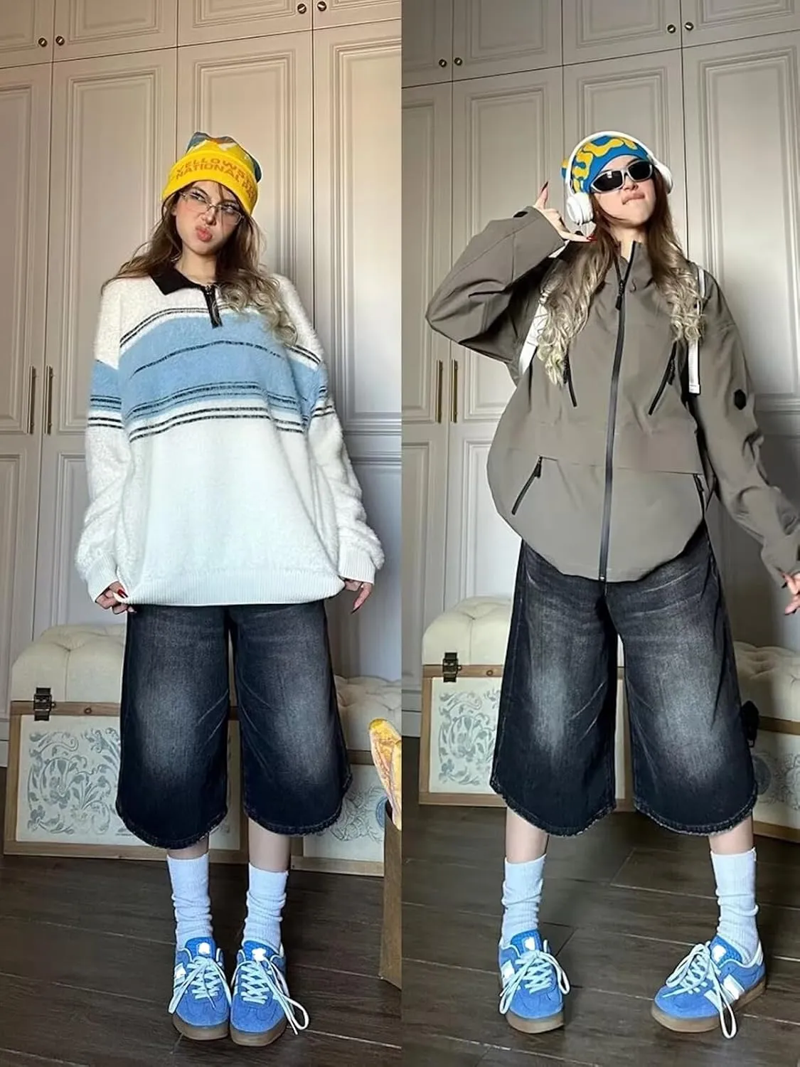 Jorts Women's & Men's Black Denim Shorts Jean Shorts Y2k Style Long Jorts Wide Leg Baggy with Pockets