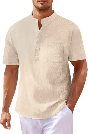 Linen Shirts Men's Novelty Short Sleeve Mock Neck Henley Shirt Casual Summer Baggy Cotton Basic Tee Top with Pocket