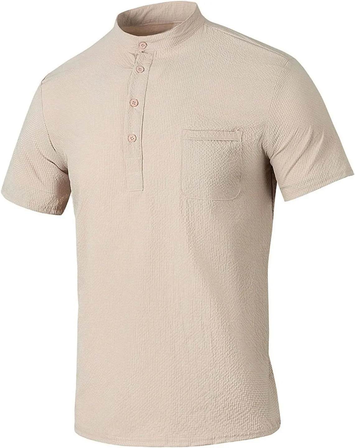 Linen Shirts Men's Novelty Short Sleeve Mock Neck Henley Shirt Casual Summer Baggy Cotton Basic Tee Top with Pocket