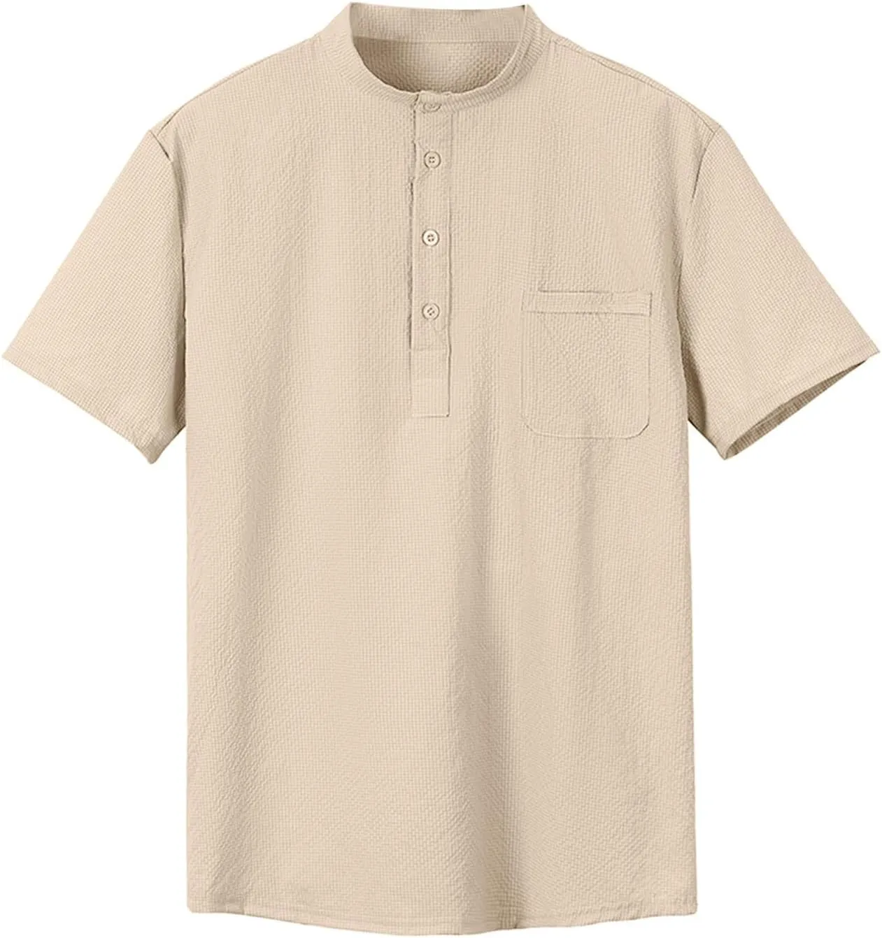 Linen Shirts Men's Novelty Short Sleeve Mock Neck Henley Shirt Casual Summer Baggy Cotton Basic Tee Top with Pocket