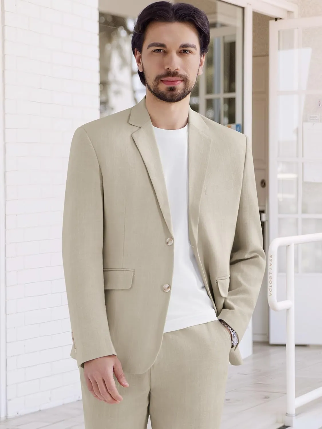 MAGE MALE Men's 2 Piece Linen Suits Set Casual Lightweight Blazer Jacket and Pants for Wedding Business Prom