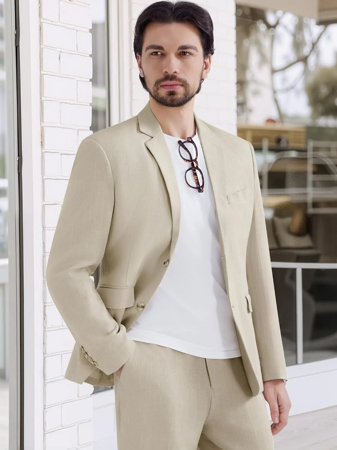 MAGE MALE Men's 2 Piece Linen Suits Set Casual Lightweight Blazer Jacket and Pants for Wedding Business Prom