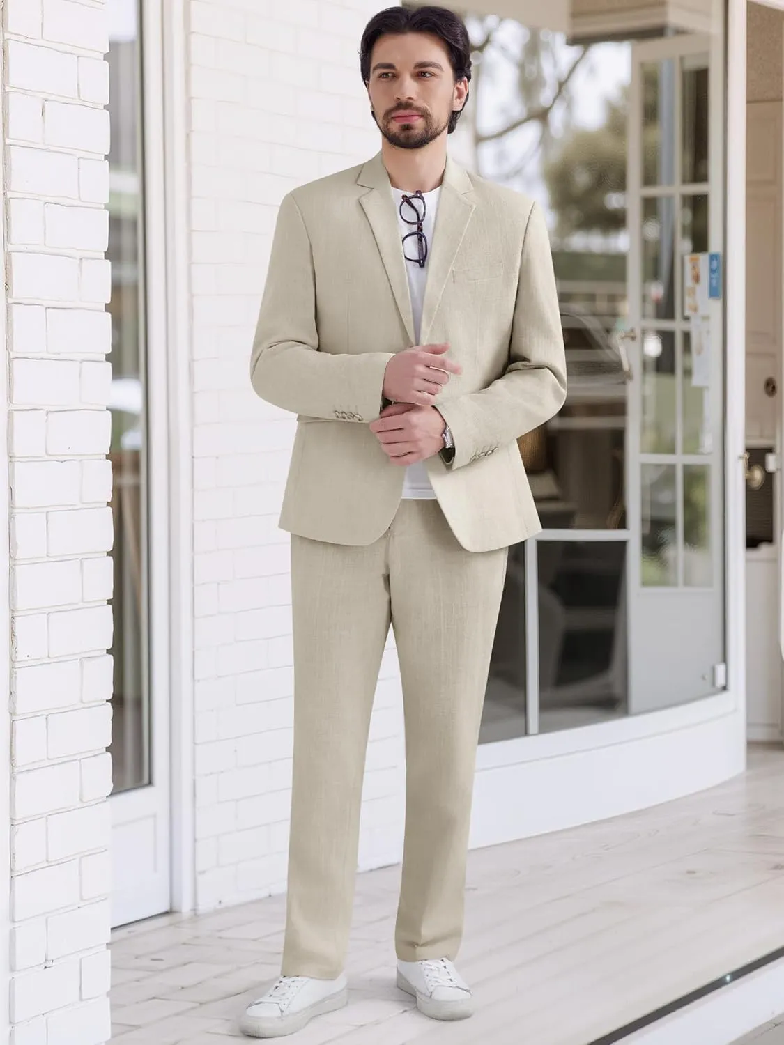 MAGE MALE Men's 2 Piece Linen Suits Set Casual Lightweight Blazer Jacket and Pants for Wedding Business Prom