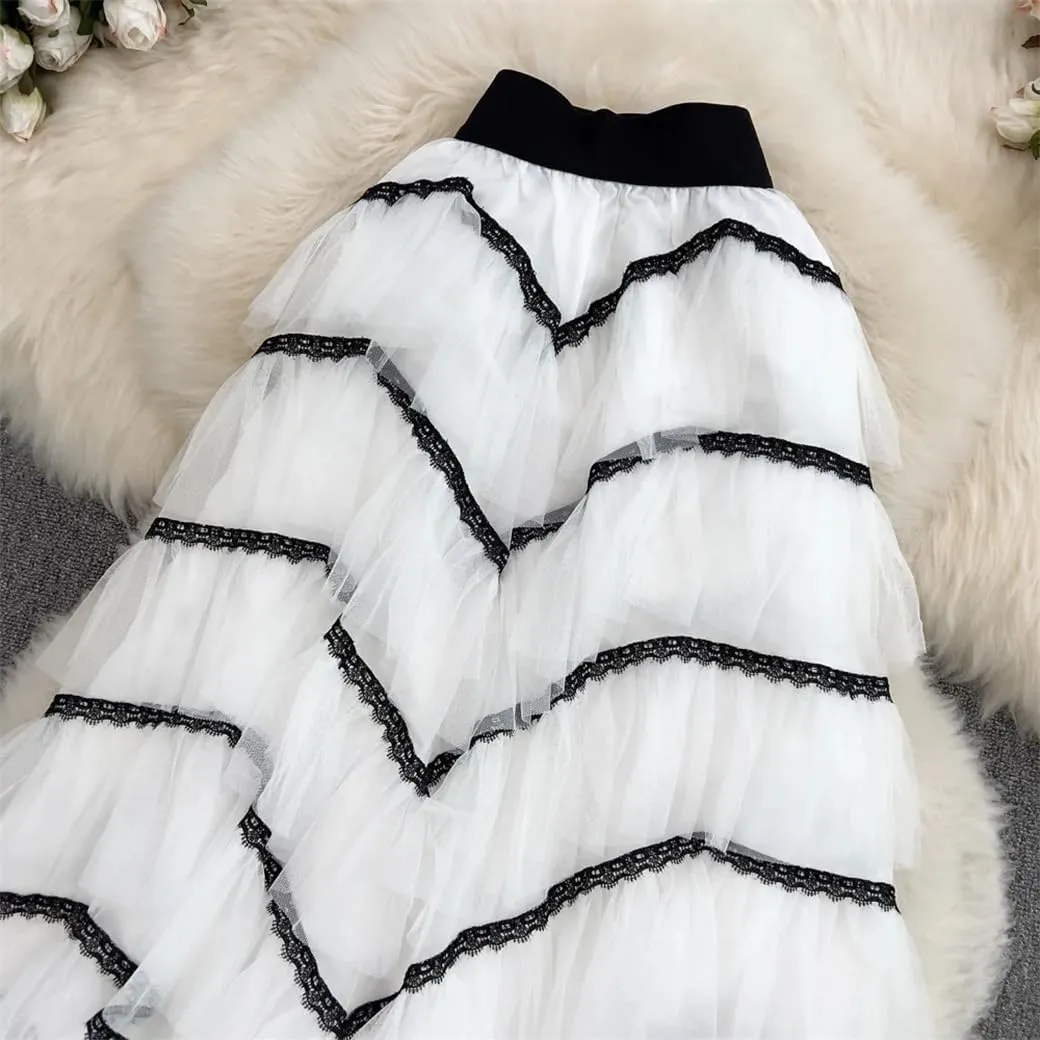 Maxi Tutu Tulle Skirt for Women Spring Summer Ruffles Tiered Mesh A Line High Waist Long Skirt Female