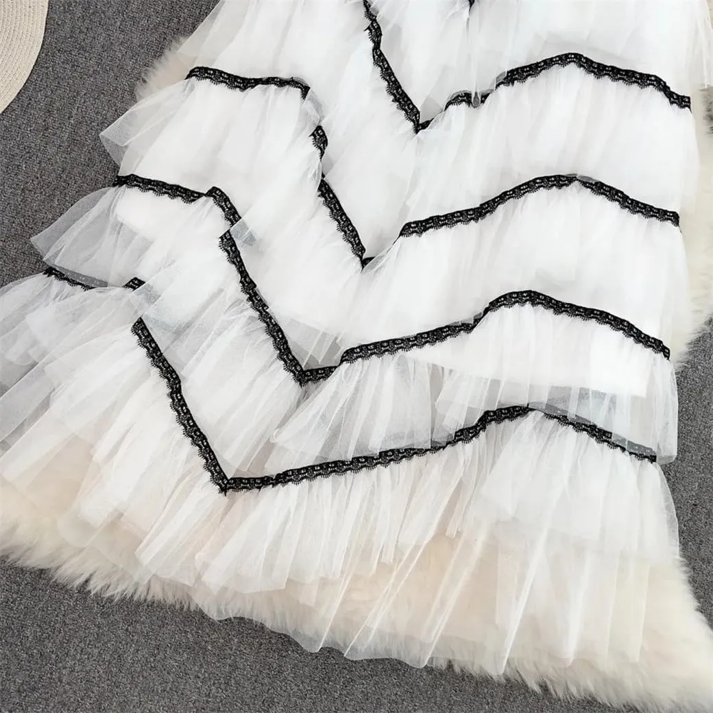 Maxi Tutu Tulle Skirt for Women Spring Summer Ruffles Tiered Mesh A Line High Waist Long Skirt Female