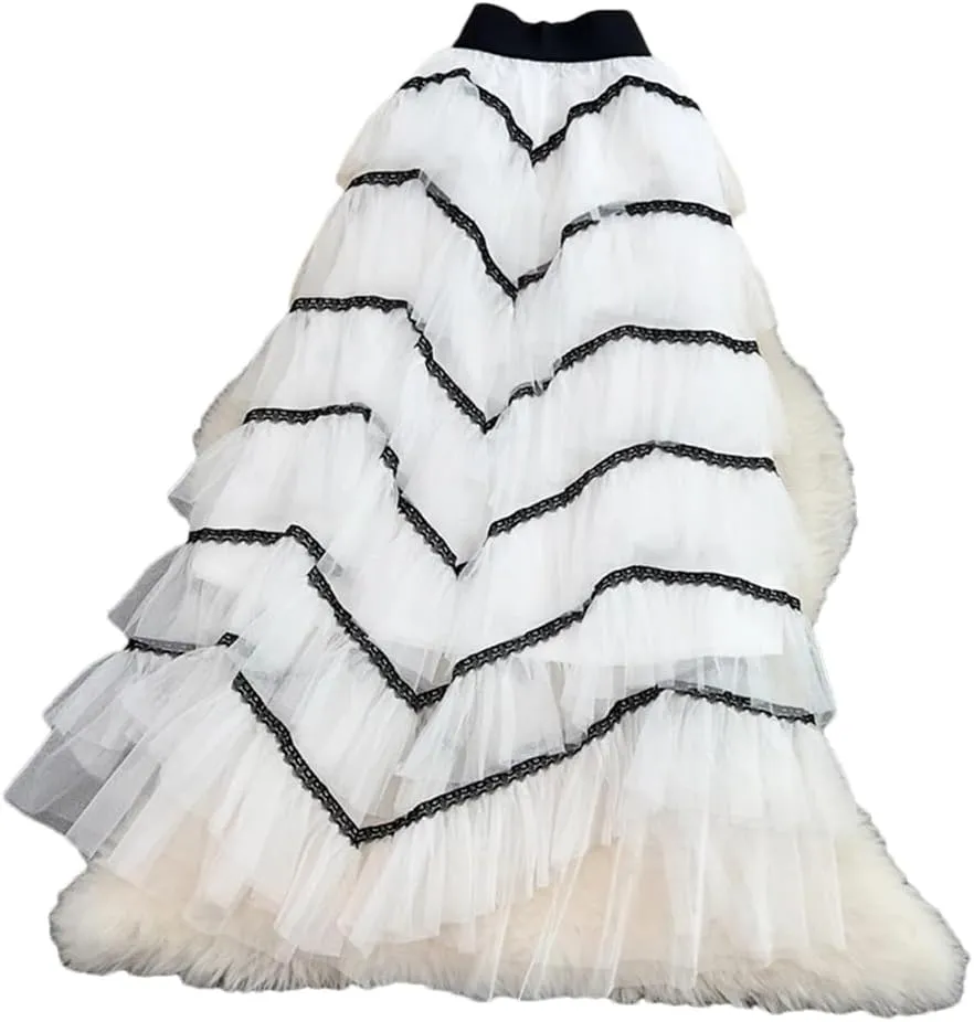 Maxi Tutu Tulle Skirt for Women Spring Summer Ruffles Tiered Mesh A Line High Waist Long Skirt Female