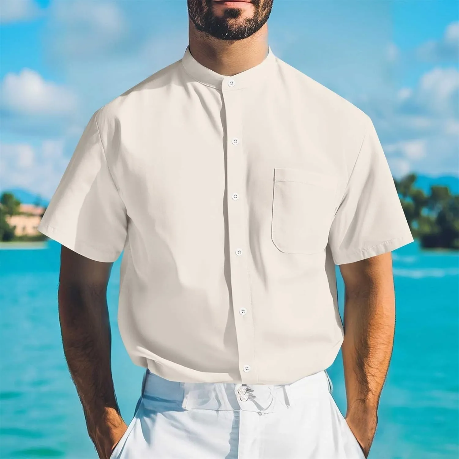 Men's Button Down Shirts Summer Casual Big and Tall Short Sleeve Beach Shirt Quick Dry Pocket Dress Chambray Blouse