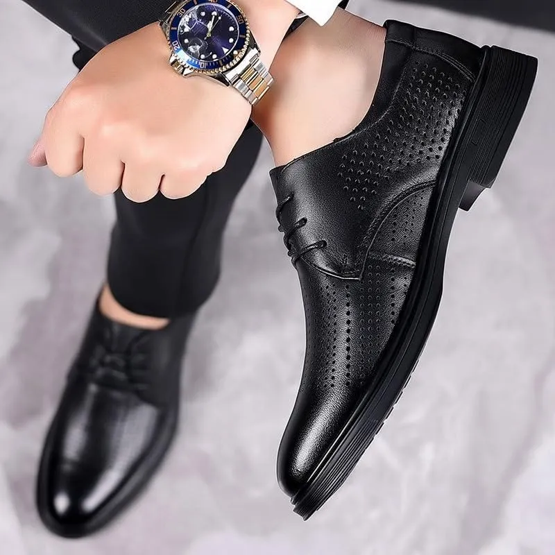 Men's Classic Lace Up Low Top Leather Dress Shoes Mesh Breathable Comfortable Walking Shoes