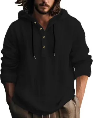 Mens Cotton Linen Hoodies Long Sleeve Casual Summer Beach Hippie Shirts with Hood V Neck Button Up Fishing T-Shirts