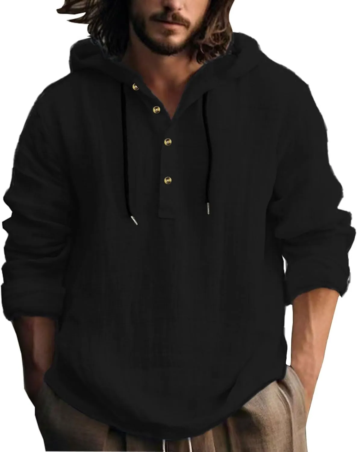 Mens Cotton Linen Hoodies Long Sleeve Casual Summer Beach Hippie Shirts with Hood V Neck Button Up Fishing T-Shirts