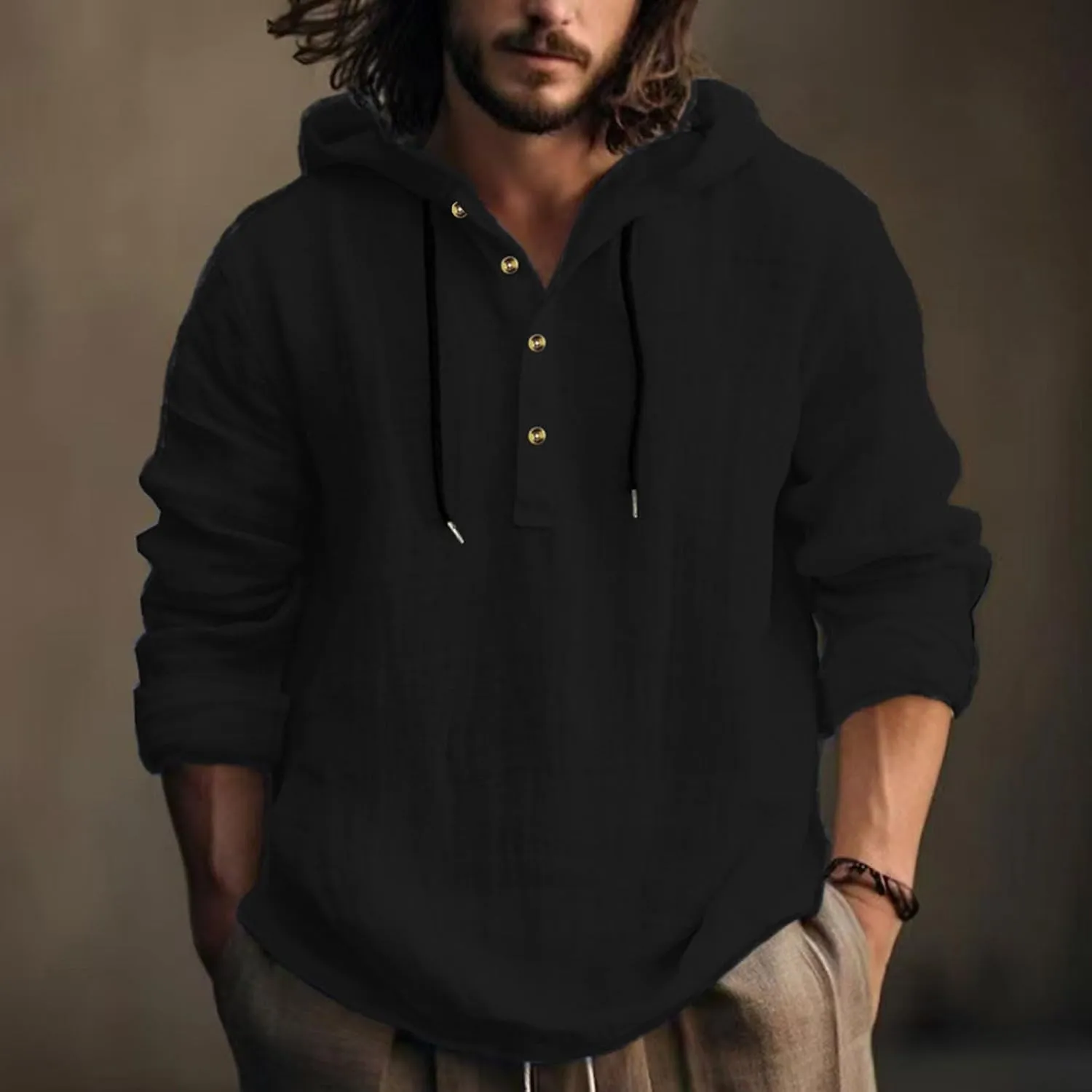 Mens Cotton Linen Hoodies Long Sleeve Casual Summer Beach Hippie Shirts with Hood V Neck Button Up Fishing T-Shirts