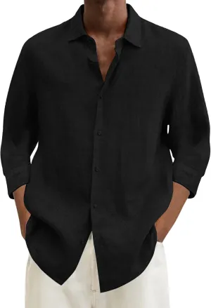 Men's Cotton Linen Shirts Plus Size Loose Button Down Long Sleeve Beach Wedding Shirt Casual Summer Solid Tropical Top