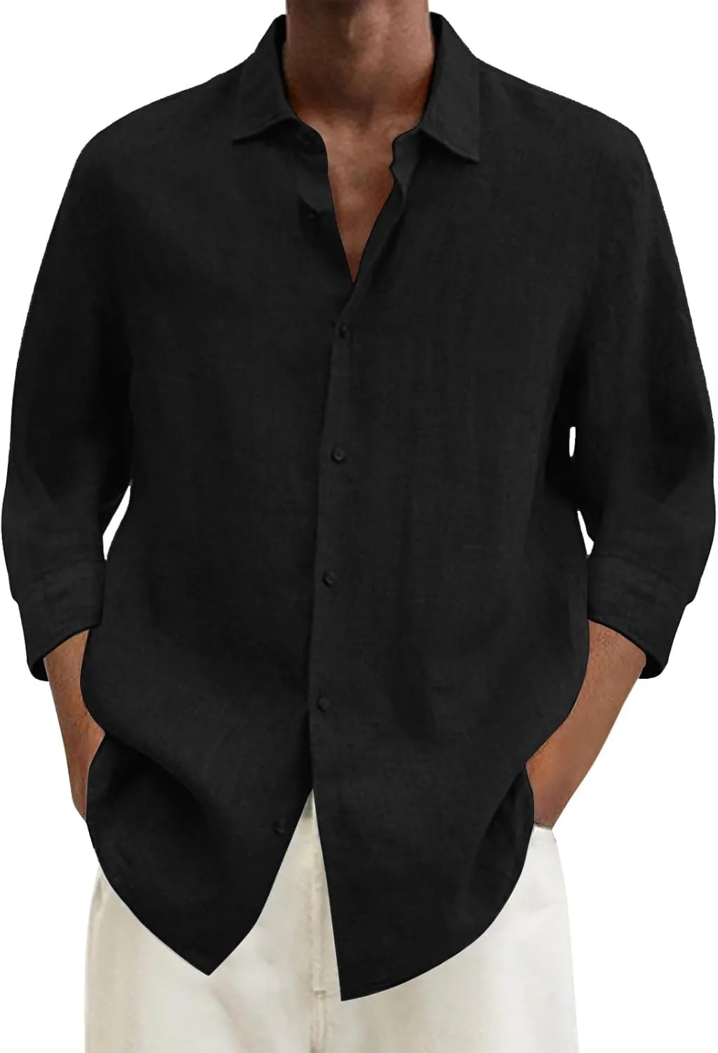 Men's Cotton Linen Shirts Plus Size Loose Button Down Long Sleeve Beach Wedding Shirt Casual Summer Solid Tropical Top