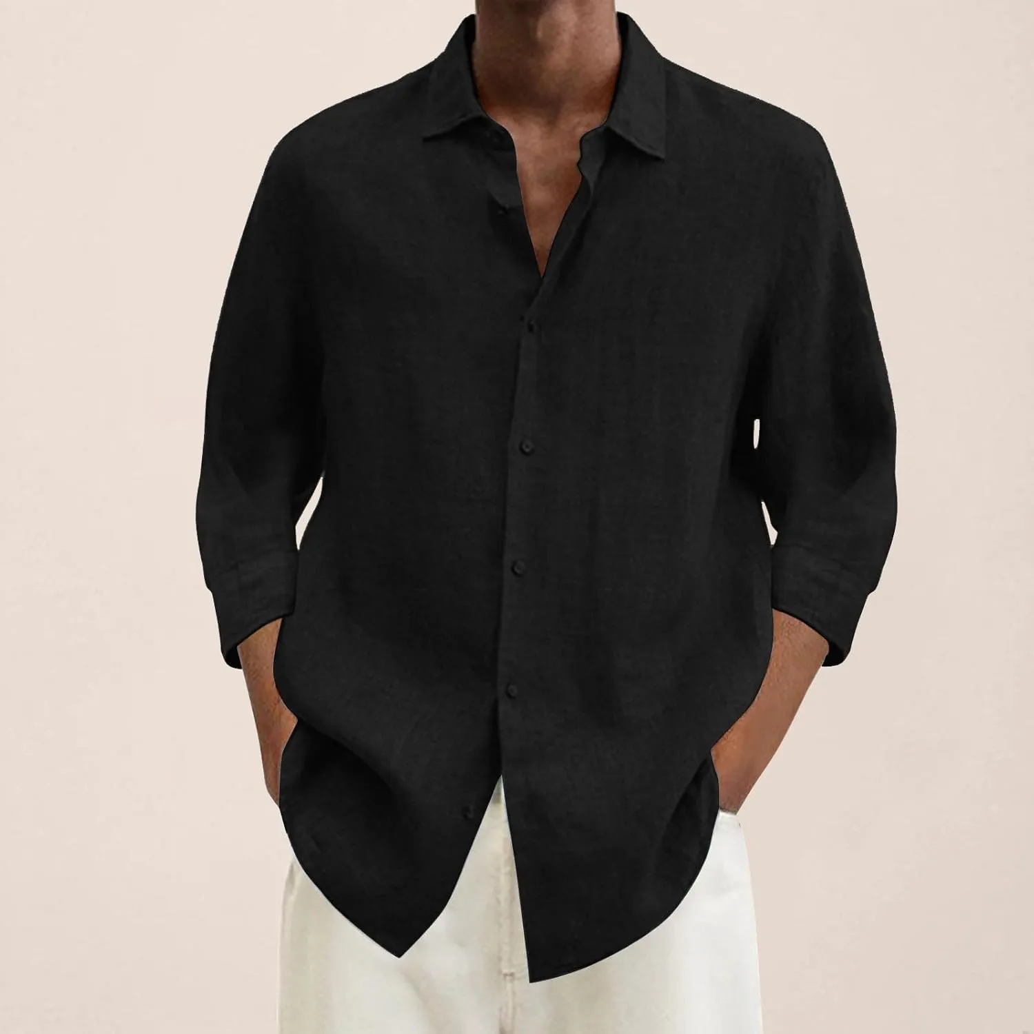 Men's Cotton Linen Shirts Plus Size Loose Button Down Long Sleeve Beach Wedding Shirt Casual Summer Solid Tropical Top