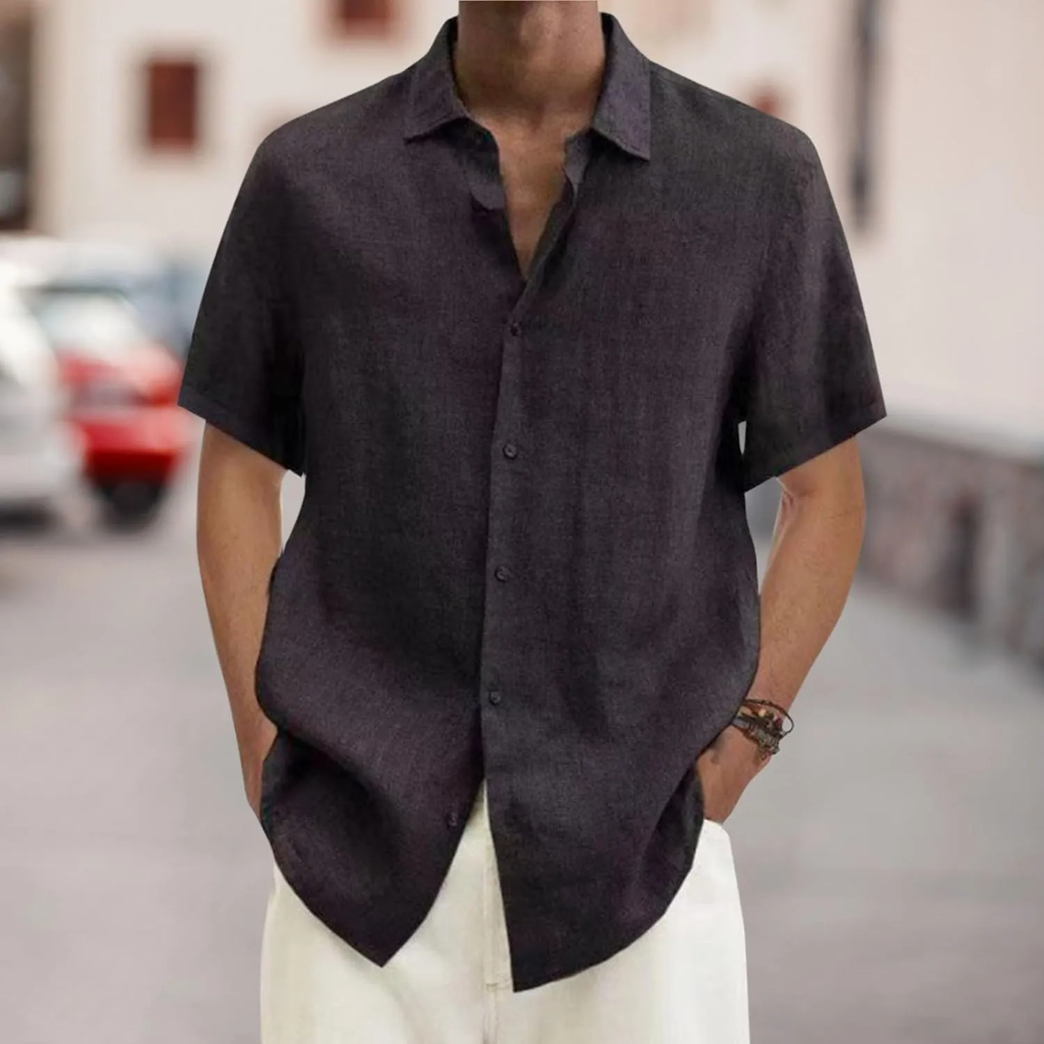 Men's Cotton Linen Shirts Summer Short Sleeve Button Down Shirt Plus Size Fashion Loose Tropical Beach Vacation Tops