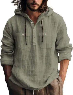 Mens Cotton Linen Shirts with Hooded Casual 3/4 Roll-Up Sleeve Summer Beach Hippie Shirt Lightweight Drying Tee Tops