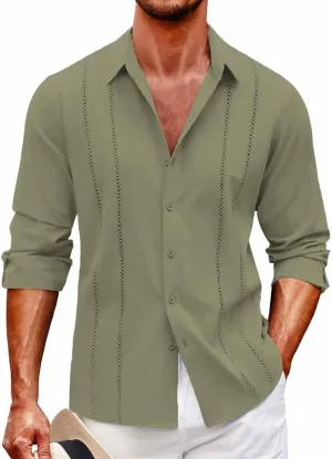 Men's Cuban Guayabera Shirt Casual Long Sleeve Button Down Shirts Lightweight Loose Summer Hawaiian Beach Vacation Top
