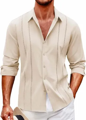 Men's Cuban Guayabera Shirt Casual Long Sleeve Button Down Shirts Lightweight Loose Summer Hawaiian Beach Vacation Top