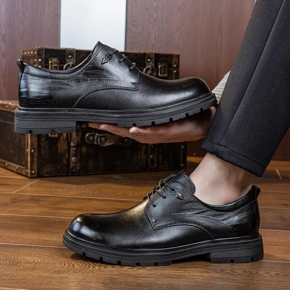 Men's Genuine Leather Hand Stitched Dress Oxfords Fashion Plain Toe Lace up Low Top for Business Work & Daily