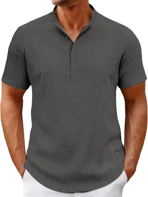 Men's Henley Shirts Linen Summer Short Sleeve Beach Tee Shirt Lightweight Solid Color Stand Collar Dress Work T-Shirts