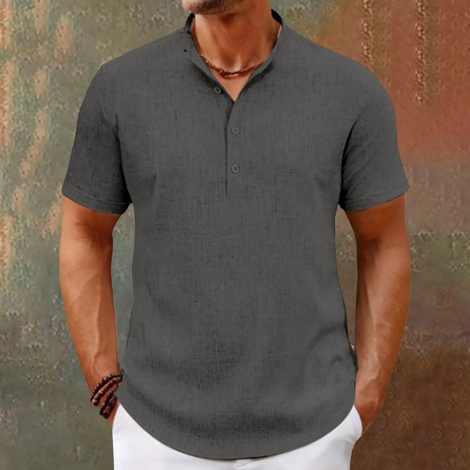Men's Henley Shirts Linen Summer Short Sleeve Beach Tee Shirt Lightweight Solid Color Stand Collar Dress Work T-Shirts