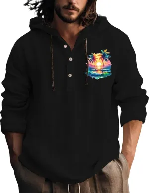 Men's Linen Shirts Retro Long Sleeve Guayabera Shirt with Hood Lightweight Loose Hipster Hawaiian Beach Aloha Blouse